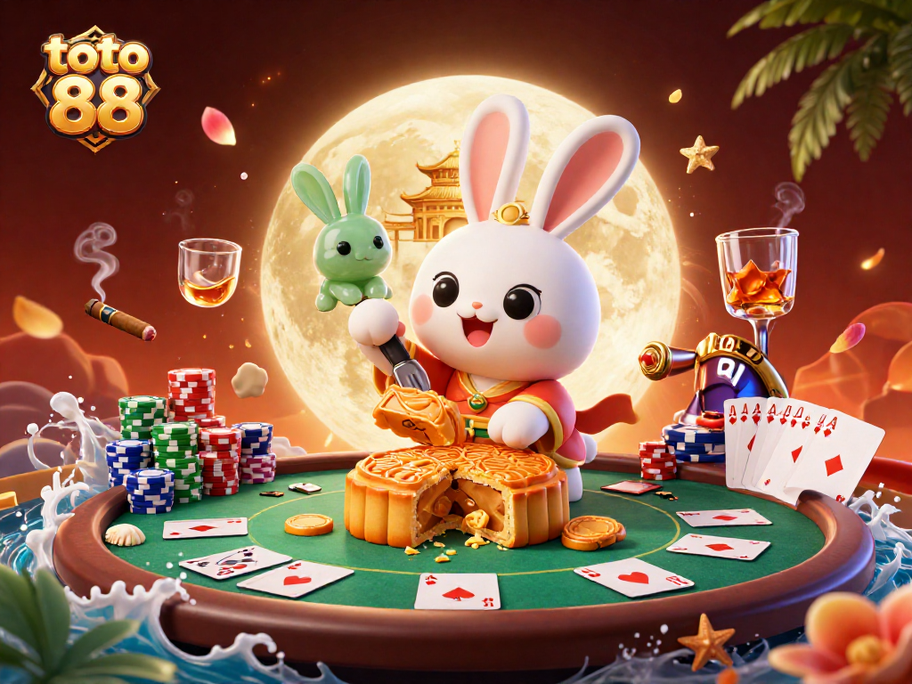 Experience the thrill of toto 88 with vibrant moon rabbit characters and poker chips in a 3D casino scene.