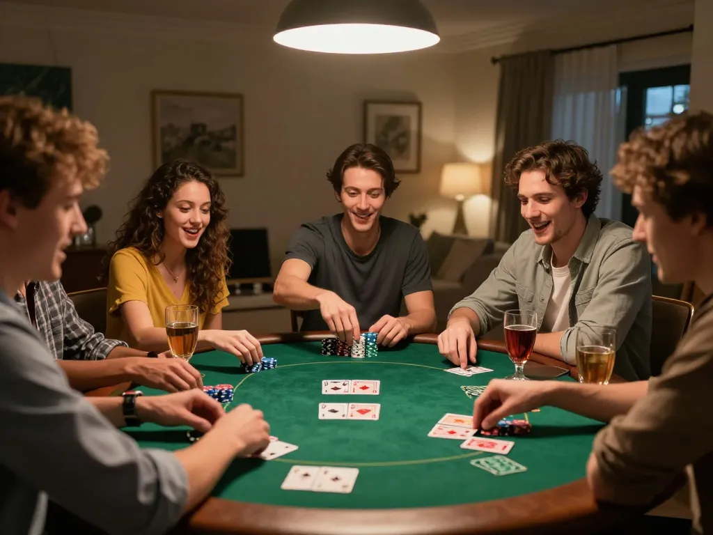 Friends enjoy an exciting poker night at home, showcasing luongsontv strategies for social gambling.