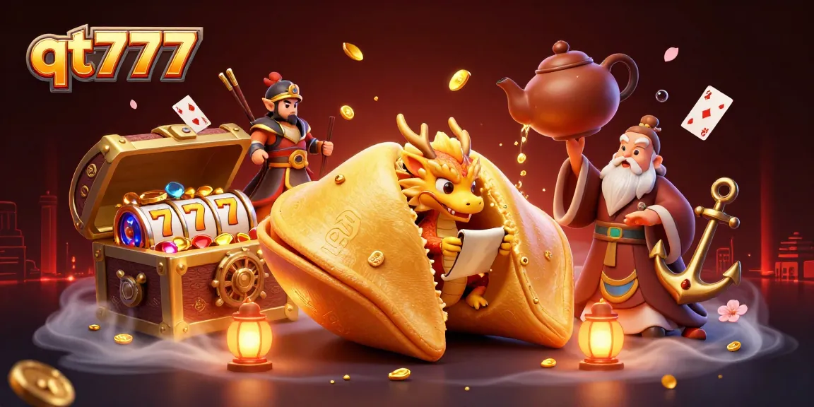 Win big with qt777 in this vibrant 3D illustration featuring golden gaming elements and dynamic characters.