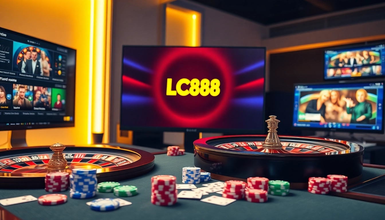 Experience high-stakes gaming at LC88 with vibrant casino elements and digital interfaces.