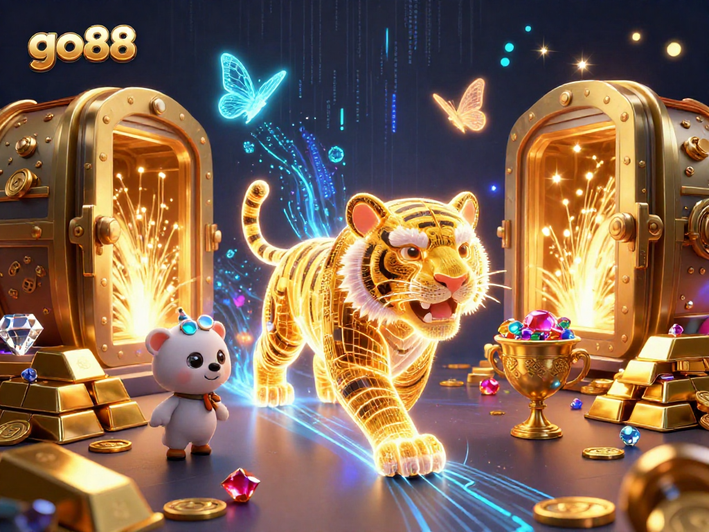 Experience the thrilling adventures in go88's neon-lit digital casino landscape filled with treasures.