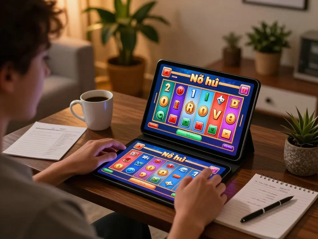 Nổ hũ gaming scene showing a player engaged with a tablet in a cozy home environment, emphasizing responsible gaming.