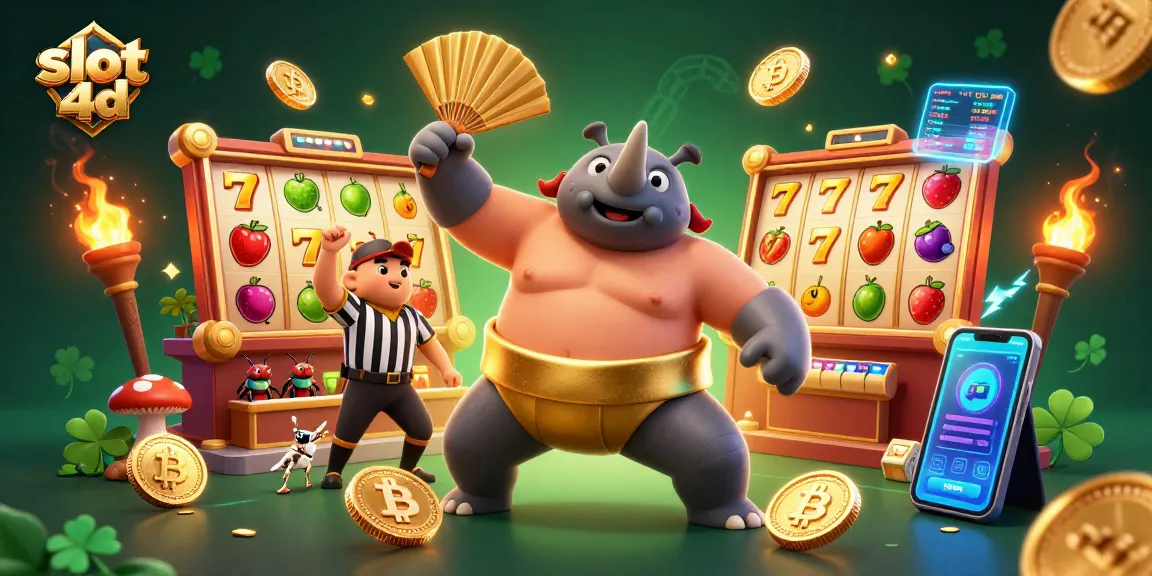 Witness the exciting action of slot 4d with a cartoon beetle champion amidst flying golden coins and vibrant slot reels.