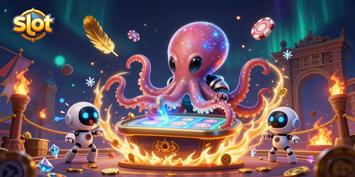 Spin the slot reels with a lively alien octopus in an exciting casino illustration.