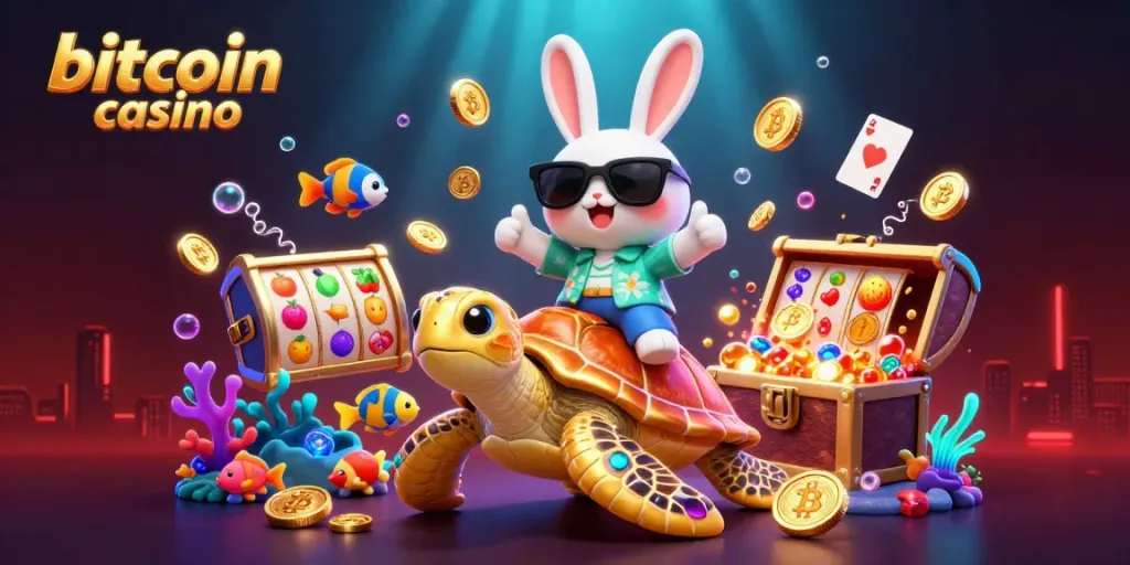 Experience the excitement of bitcoin casino games with our dynamic illustration featuring a lucky rabbit and golden turtle.