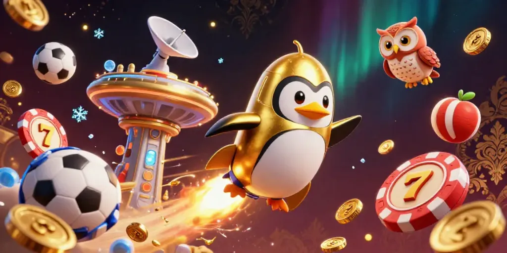 Engaging 3D scene with a golden penguin on a rocket heading towards a poker chip space station, capturing the essence of akun slot gacor.