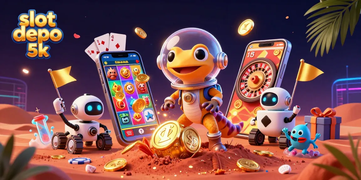 Permainan menarik di slot depo 5k, dengan emotikon slot dan perayaan dengan karakter kartun alien.
