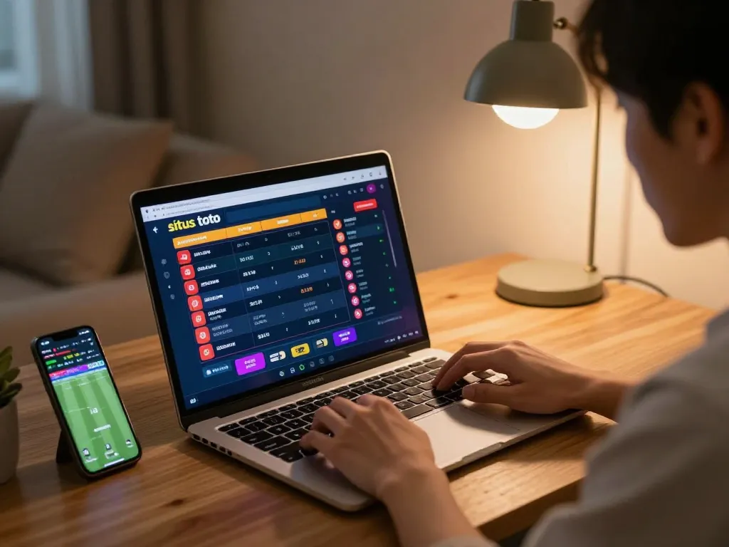 Terlibat dalam permainan situs toto di laptop, dengan smartphone menampilkan skor olahraga dalam pengaturan rumah yang nyaman