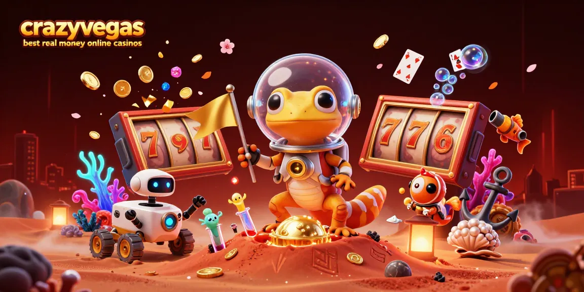 Experience the thrill of crazyvegas best real money online casinos in this vibrant 3D illustration featuring Martian gecko.