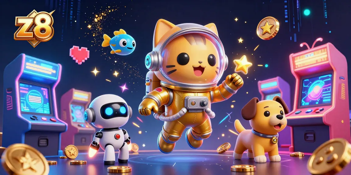 Spin and win on z8 with vibrant arcade game elements and cartoon characters in an exciting gamble scene.