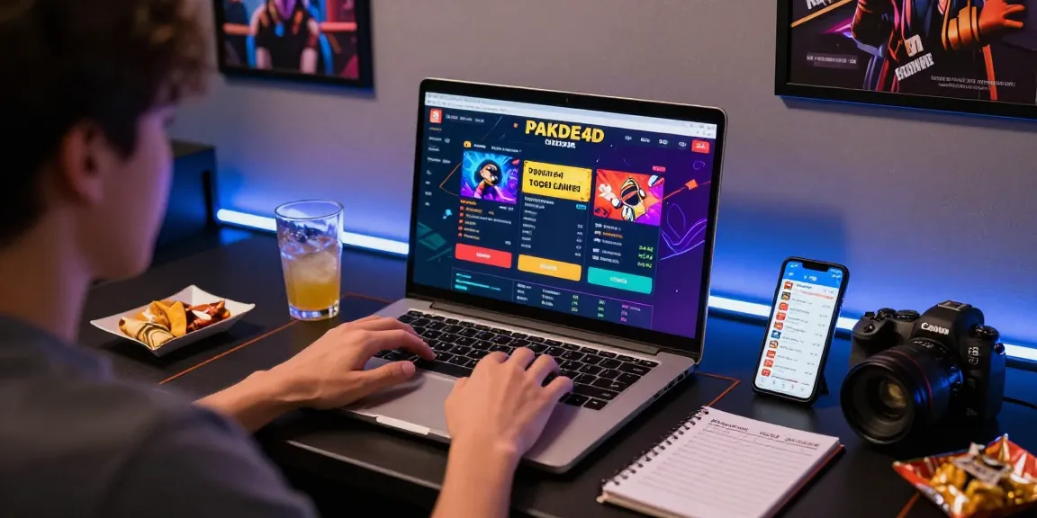 Engaged user exploring pakde4d online togel site on laptop while enjoying a dynamic gaming ambiance.