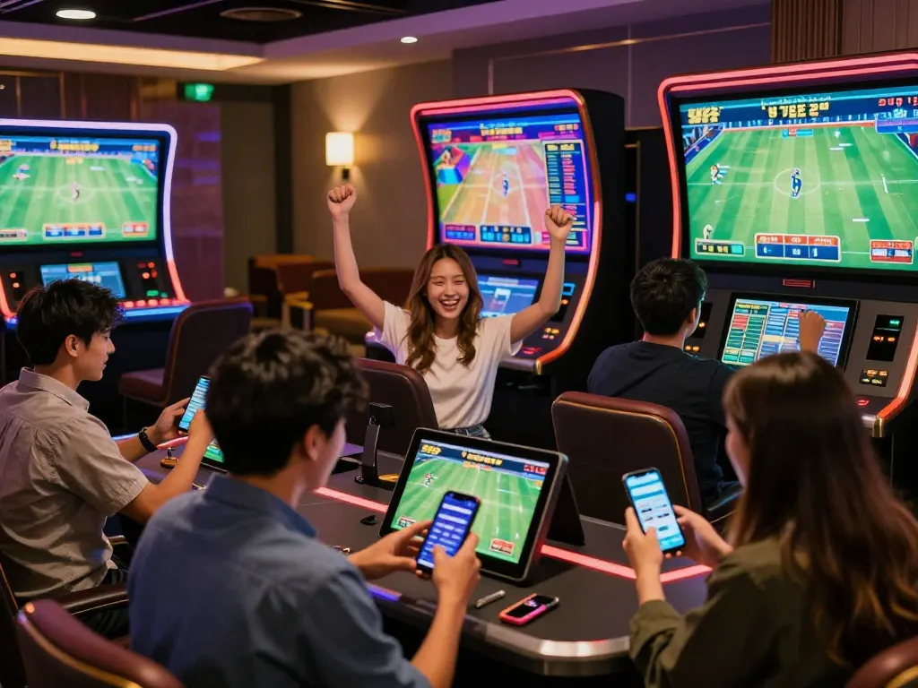 UU88 players excitedly engaging in live sports betting, showcasing a vibrant online gambling environment with interactive displays.