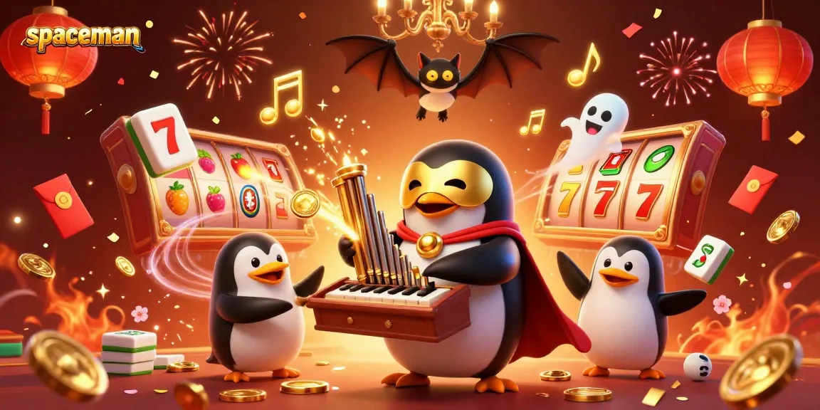 Join the spaceman in an enchanting casino scene with lively slot reels and golden coins cascading.