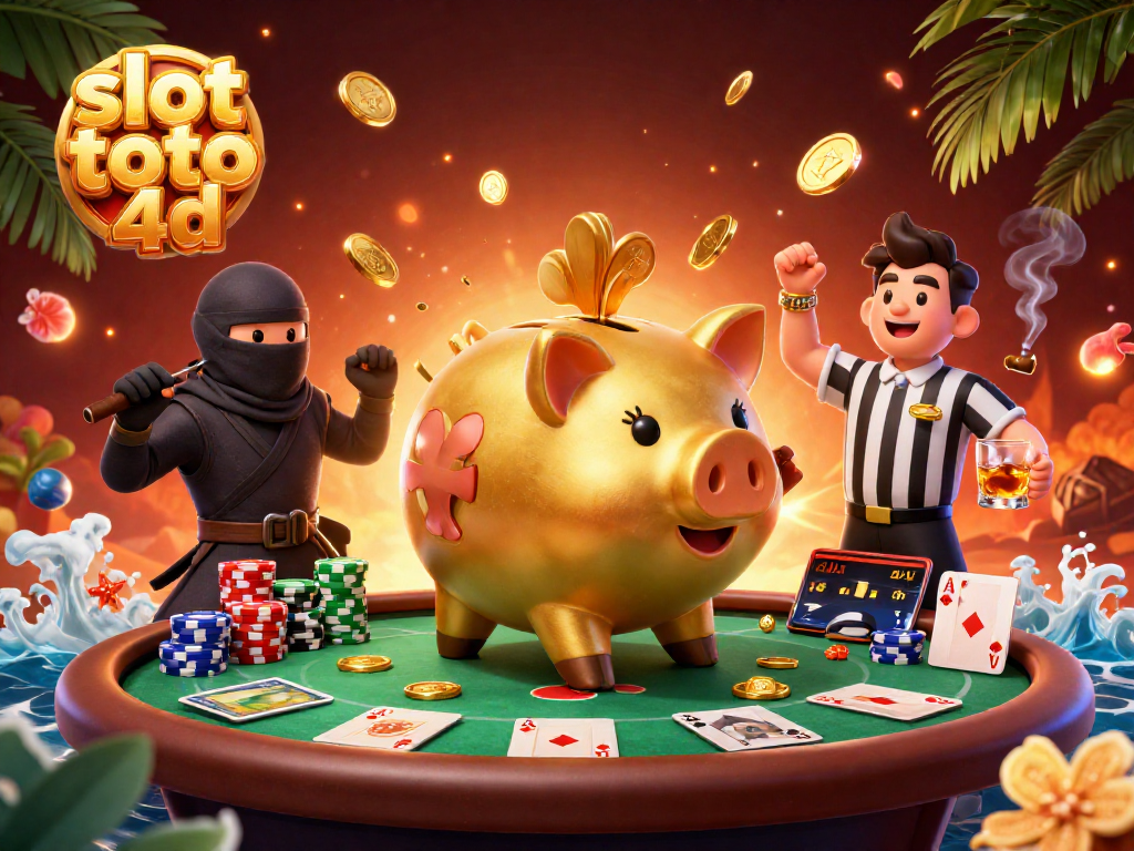 Engage in slot toto 4d action with a lively scene of a sumo piggy bank and vibrant poker chips.