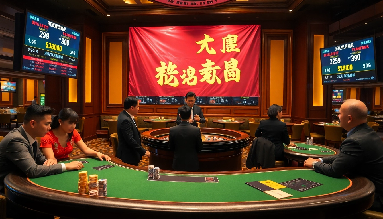 Players engaging in poker and casino gaming at a luxurious bk8thai ทางเข้า venue, showcasing excitement and thrill.