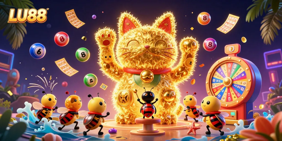 Engage with the colorful LU88-themed gaming scene as the lucky cat and conductor beetle animate excitement.