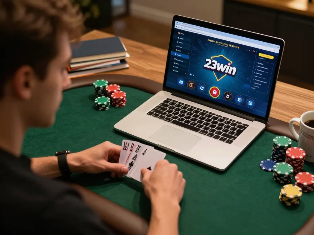 Engaging player strategizing in an online poker game with 23win on a laptop.