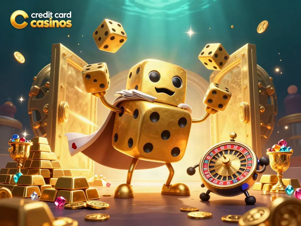 Engage with credit card casinos through animated golden dice and vibrant casino elements.