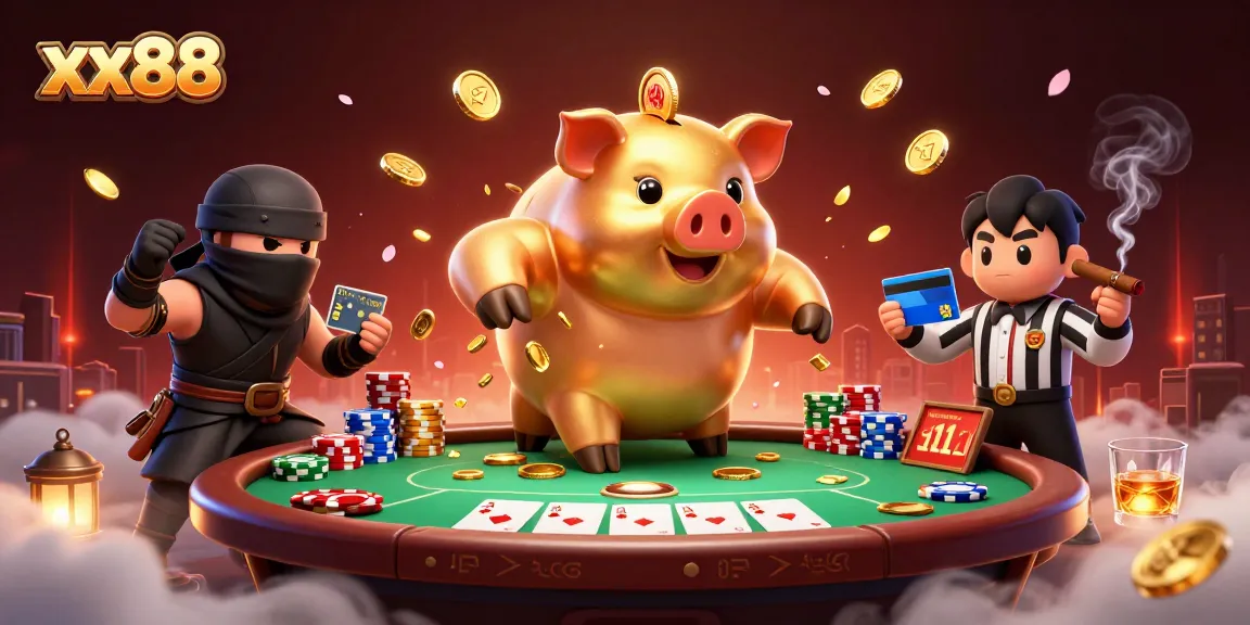 xx88 - Experience exciting casino action with a golden piggy bank sumo wrestler and poker champions.