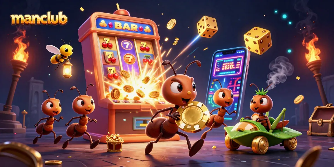 Join the action at manclub as ants carry a giant poker chip in a vibrant casino heist scene.