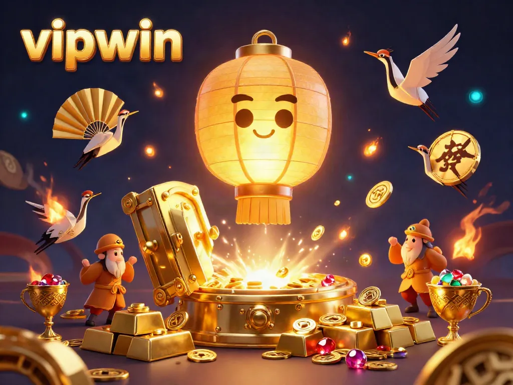 Engage with the glowing spirit of vipwin as it illuminates a thriving casino filled with treasures and lucky symbols.