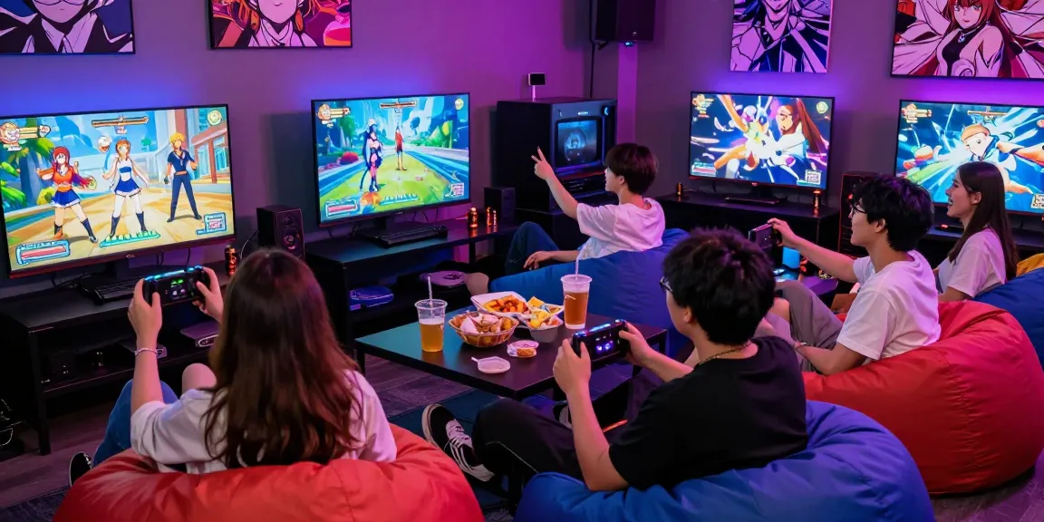 Group enjoying hentai game session in a colorful gaming lounge