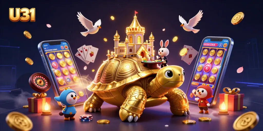 Experience the thrill of U31 with vibrant casino games and golden coins floating around.