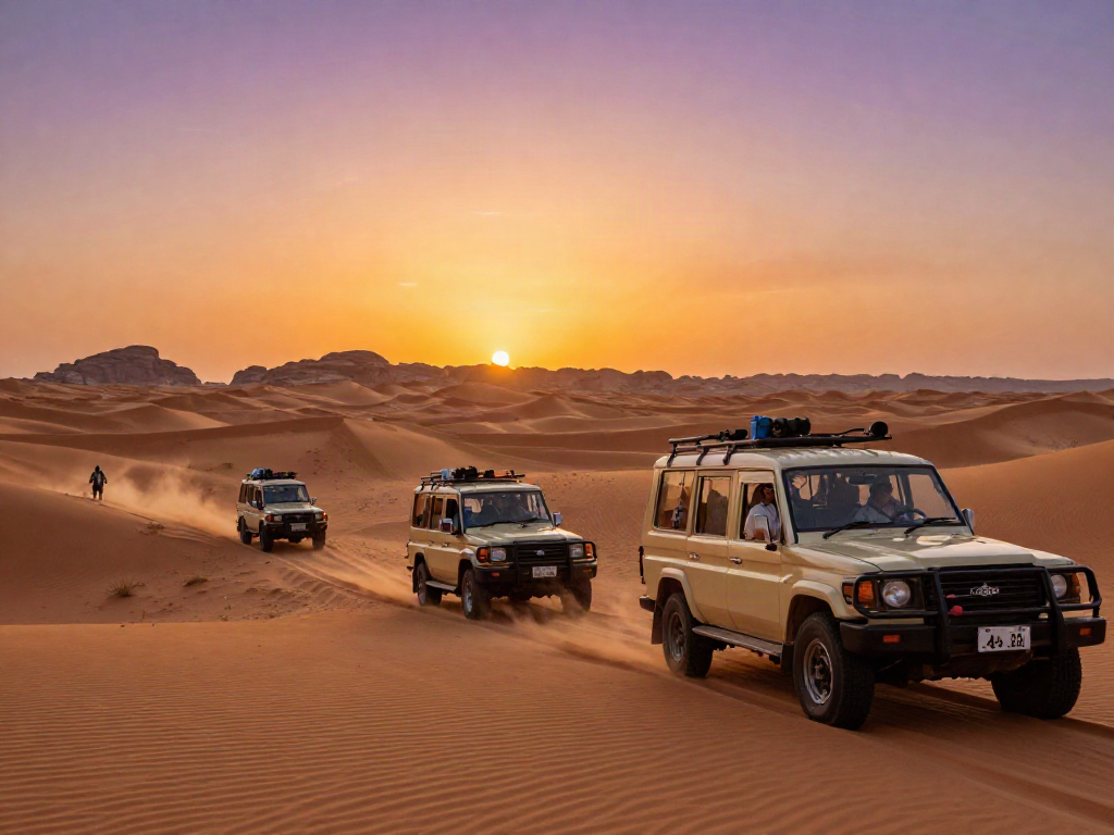 Slot in desert safari adventure capturing travelers exploring the golden sands during sunset.