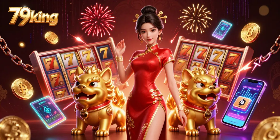 Engage with exciting slots at 79king while enjoying vibrant fireworks and adorable foo dog guardians.