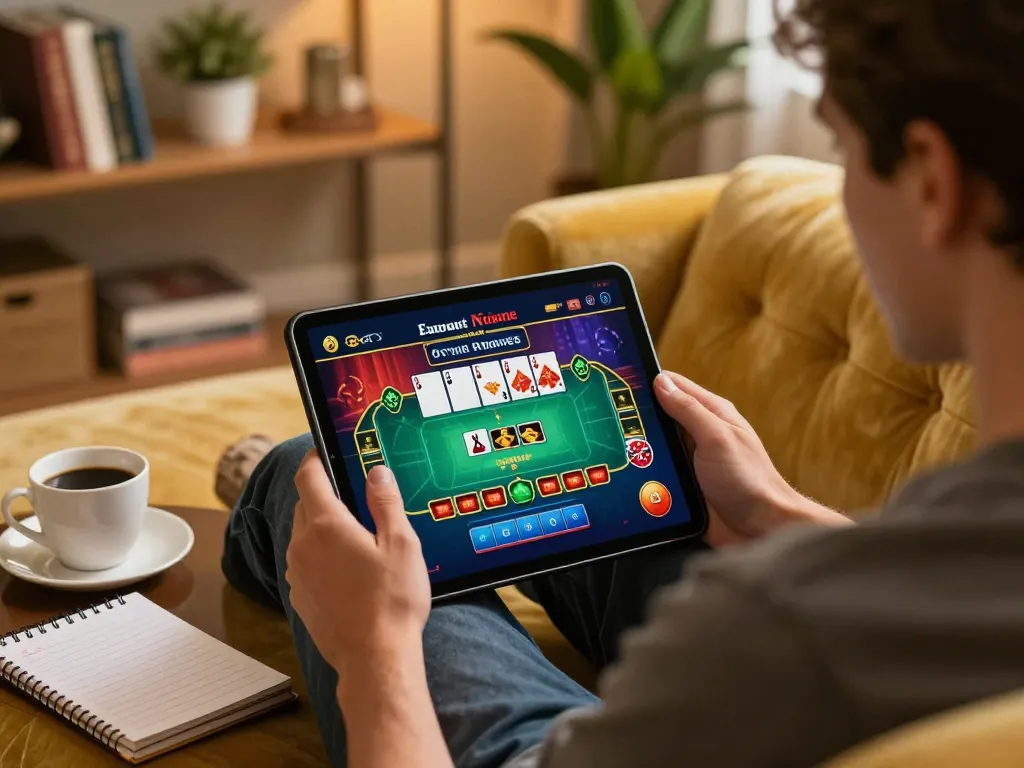 Engaged player using a tablet for online gambling at open 88, showcasing a cozy home setup.