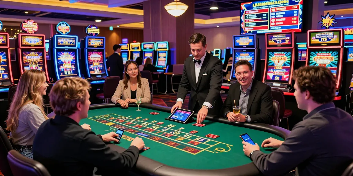 Credit card casino gaming scene with players at various tables and slot machines, capturing the excitement and vibrant atmosphere.