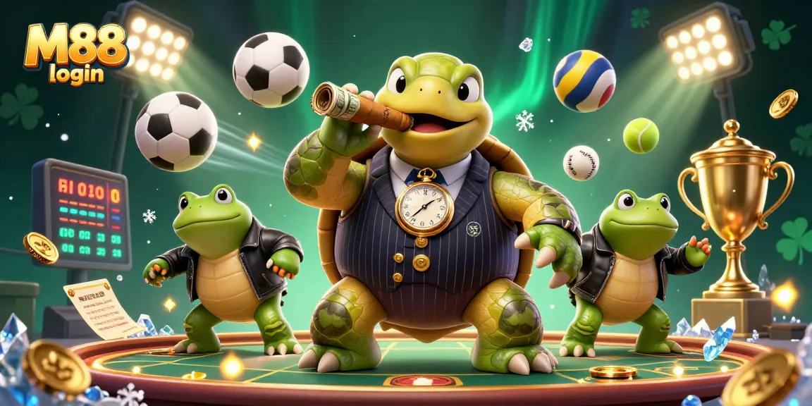 M88 login to a vivid casino scene with a fun snapping turtle and bullfrog enforcers.