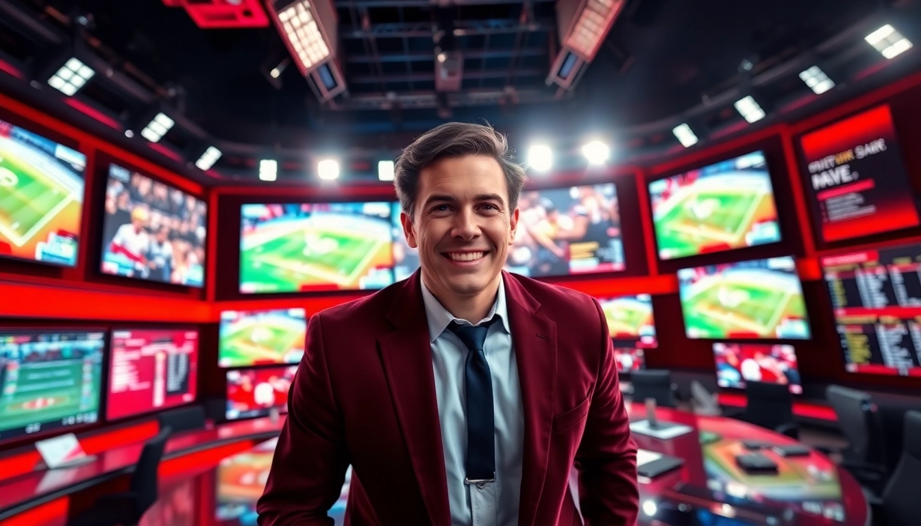 Sports Broadcasting professional delivering live commentary in a vibrant studio.