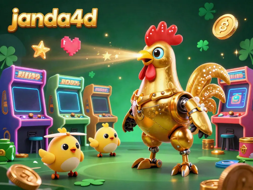Permainan slot janda4d dengan robot ayam emas retro futuristik dan mesin arcade berwarna-warni.