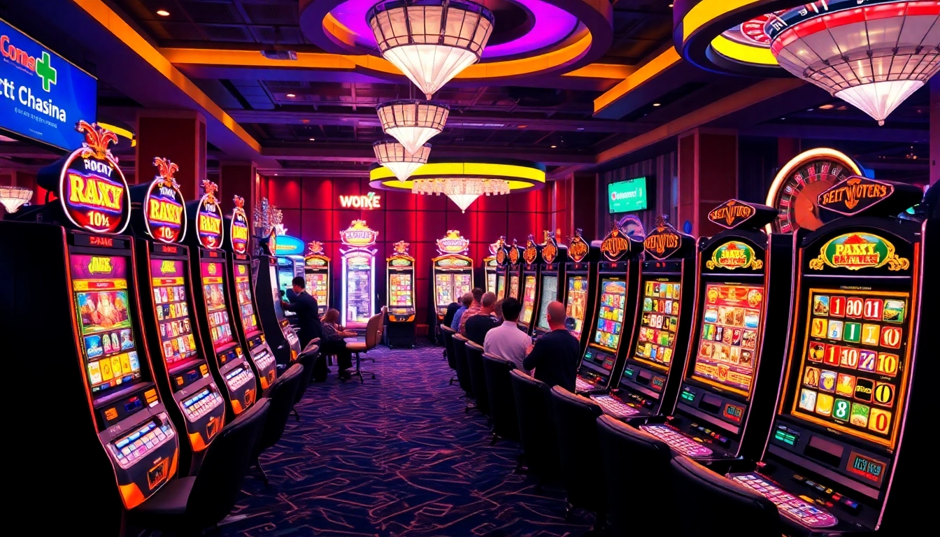 Spin to win with slot bonus new member 100% at a luxurious casino's vibrant gaming area.
