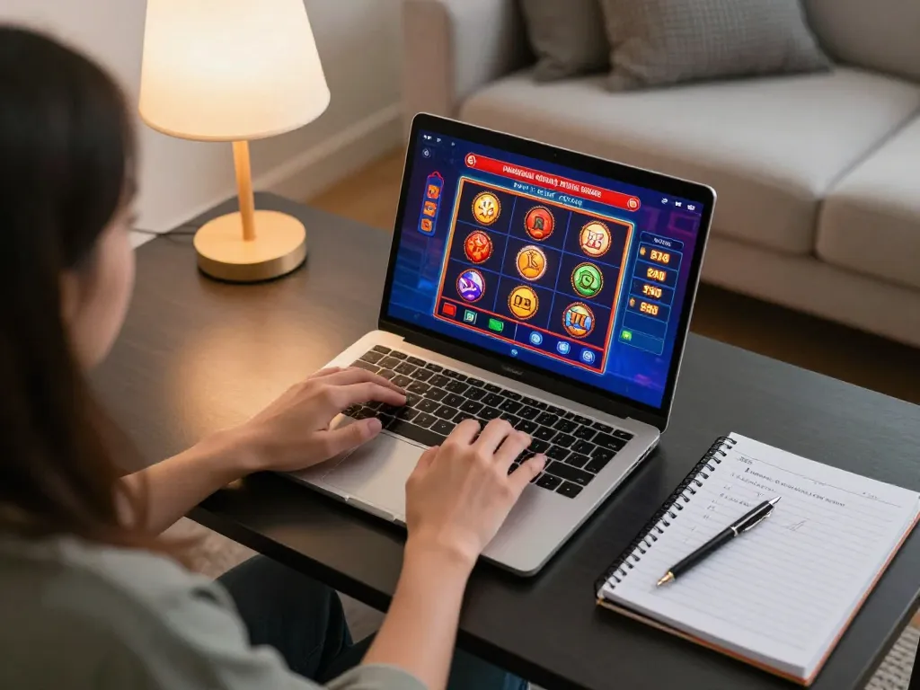 Experience engaging Canadian online casinos with a player using a laptop for gaming in a warm, inviting home