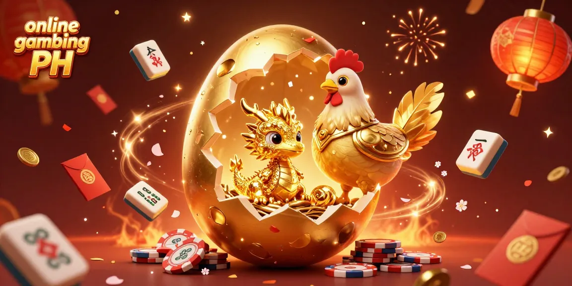 Experience thrilling online gambling PH with a dazzling scene of a golden dragon and poker chips amidst festive elements.
