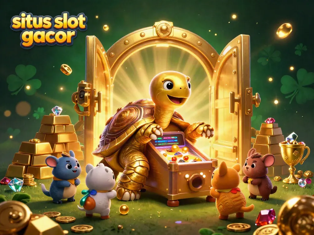 Gambar menarik situs slot gacor dengan kura-kura emas raksasa dan elemen Kasino penuh warna.