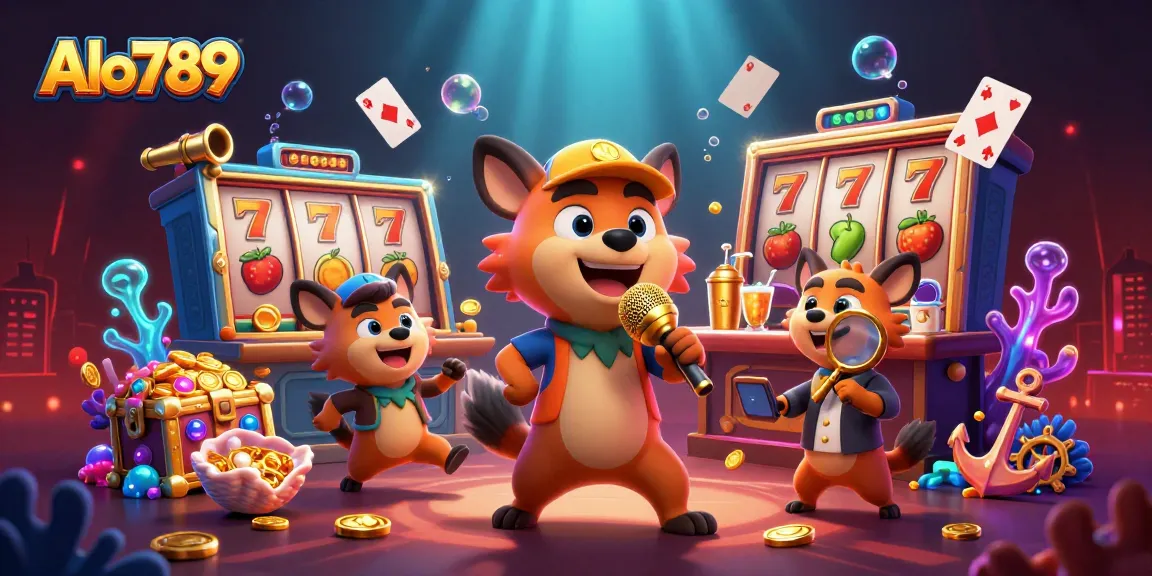 Alo789 showcases a lively casino scene with hyenas engaging in comedy and drinks while playing vibrant slot games.
