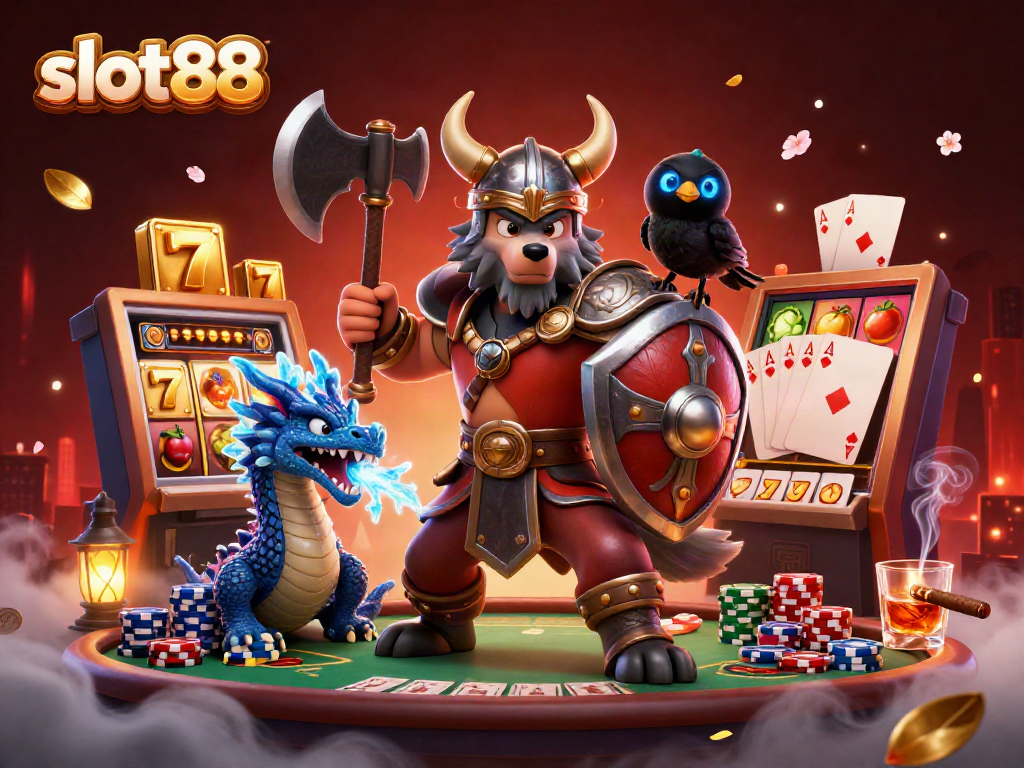 Win big with slot88 in this vibrant 3D casino scene featuring a Viking wolf warrior.