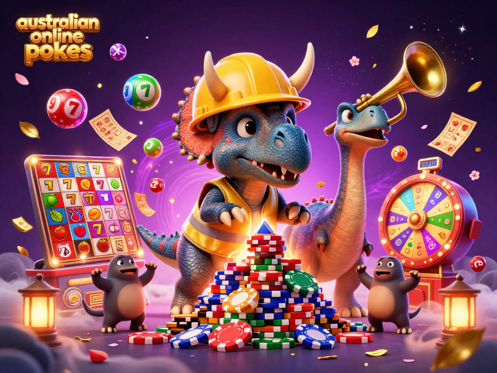 Experience the excitement of australian online pokies with dynamic casino elements and celebratory characters.