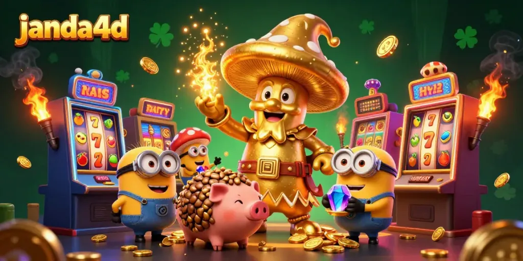 Permainan slot janda4d yang meriah dengan karakter penyihir dan babi harta karun menemukan banyak koin emas.
