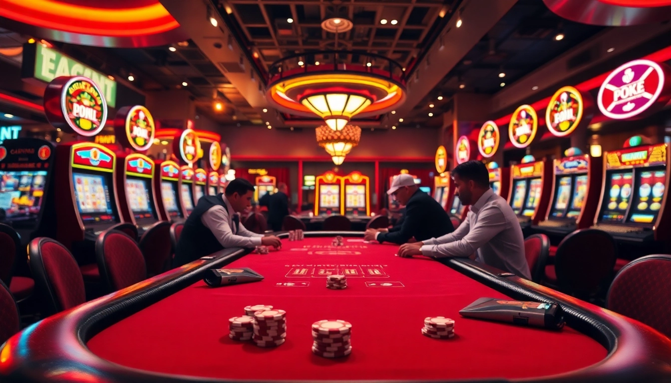 Menangkan Slot deposit 5000 dengan suasana kasino yang penuh warna dan pemain yang terlibat.