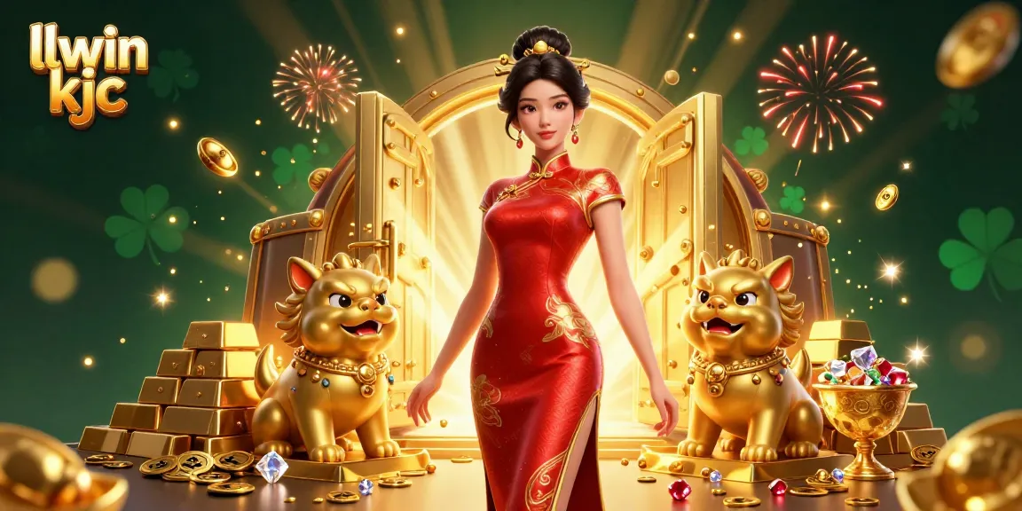 llwin kjc showcases a glamorous Asian woman between gold foo dog guardians celebrating wins in a dynamic casino setting