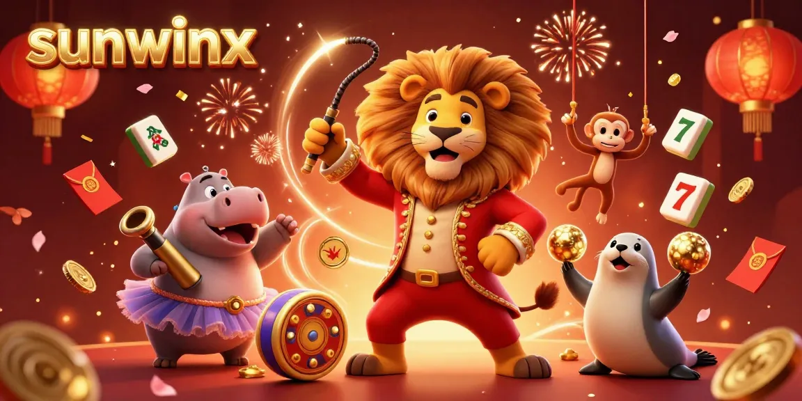 Experience the thrill of sunwinx with a vibrant 3D circus scene filled with casino elements.