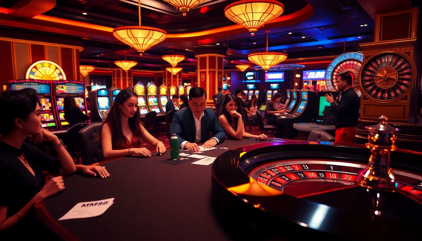 Exciting casino scene with MM88 branding, showcasing diverse players at poker and slot machines.