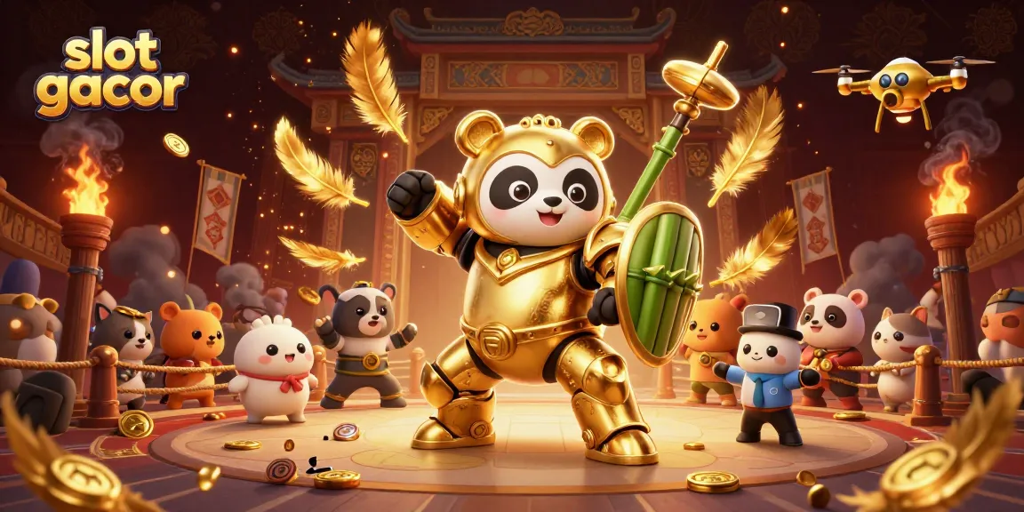 Slot gacor memukau dengan panda emas dan robot bertarung di arena, pemain menang!