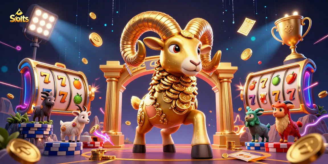 Spin exciting Slots with a dynamic scene featuring a golden ram and vibrant gambling elements, symbolizing fun.