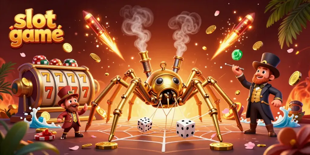 Experience thrilling slot game fun with a steampunk spider and Victorian fly in this vibrant illustration.