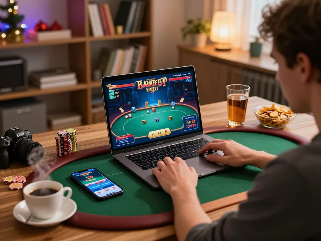 Kuwin online poker gaming interface showcasing exciting strategies in a cozy home setting